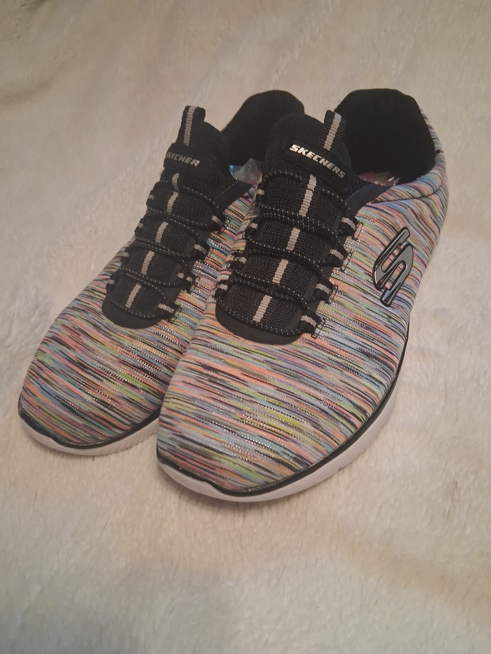 Skechers Women’s Multi-Striped Knit Slip-On Athletic Shoes - Black Accents
